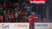 Nov 5, 2025; Washington, District of Columbia, USA; Washington Capitals left wing Alex Ovechkin (8) waves to the crowd after scoring his 900th NHL goal, against the St. Louis Blues, during the second period at Capital One Arena. Mandatory Credit: Geoff Burke-Imagn Images
