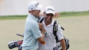 Mar 9, 2025; Orlando, Florida, USA;  Russell Henley (left) hugs his caddie after winning the Arnold Palmer Invitational golf tournament at Bay Hill. Mandatory Credit: Reinhold Matay-Imagn Images