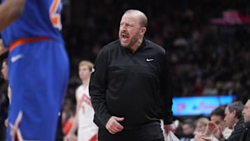 Feb 4, 2025; Toronto, Ontario, CAN; New York Knicks head coach Tom Thibodeau reacts during the second half against the Toronto Raptors at Scotiabank Arena. Mandatory Credit: John E. Sokolowski-Imagn Images