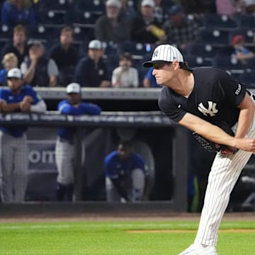 Feb 28, 2025; Tampa, Florida, USA; New York Yankees pitcher Gerrit Cole (45) throws a pitch against the Toronto Blue Jays during the first inning at George M. Steinbrenner Field. Mandatory Credit: Dave Nelson-Imagn Images