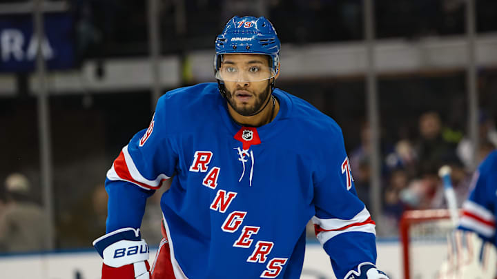 Mar 22, 2025; New York, New York, USA; New York Rangers defenseman K'Andre Miller (79) skates against the Vancouver Canucks during the second period at Madison Square Garden. Mandatory Credit: Danny Wild-Imagn Images