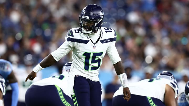 Aug 17, 2024; Nashville, Tennessee, USA; Seattle Seahawks quarterback PJ Walker (15) gives instructions to his team in the fourth quarter against the Tennessee Titans at Nissan Stadium. Mandatory Credit: Casey Gower-USA TODAY Sports