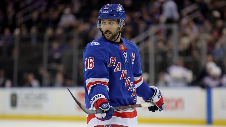 Mar 2, 2026; New York, New York, USA; New York Rangers center Vincent Trocheck (16) skates against the Columbus Blue Jackets during the second period at Madison Square Garden. Mandatory Credit: Brad Penner-Imagn Images