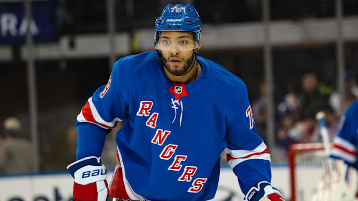 Mar 22, 2025; New York, New York, USA; New York Rangers defenseman K'Andre Miller (79) skates against the Vancouver Canucks during the second period at Madison Square Garden. Mandatory Credit: Danny Wild-Imagn Images