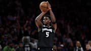 Nov 30, 2025; Minneapolis, Minnesota, USA; Minnesota Timberwolves guard Anthony Edwards (5) shoots the ball against the San Antonio Spurs during the second half at Target Center. Mandatory Credit: Matt Krohn-Imagn Images