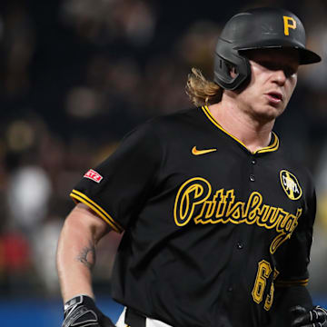 Aug 4, 2025; Pittsburgh, Pennsylvania, USA;  Pittsburgh Pirates right fielder Jack Suwinski (65) circles the bases on a two-run home run against the San Francisco Giants during the seventh inning at PNC Park. Mandatory Credit: Charles LeClaire-Imagn Images