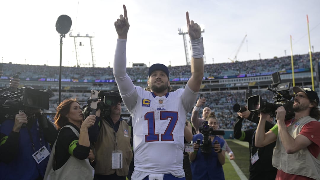 Jan 11, 2026; Jacksonville, FL, USA; Buffalo Bills quarterback Josh Allen (17) after an AFC Wild Card Round game against the Jacksonville Jaguars at EverBank Stadium