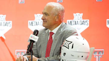 Jul 8, 2025; Frisco, TX, USA; Texas Tech head coach Joey McGuire addresses the media during 2025 Big 12 Football Media Days at The Star. Mandatory Credit: Raymond Carlin III-Imagn Images