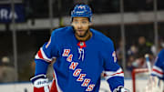 Mar 22, 2025; New York, New York, USA; New York Rangers defenseman K'Andre Miller (79) skates against the Vancouver Canucks during the second period at Madison Square Garden. Mandatory Credit: Danny Wild-Imagn Images