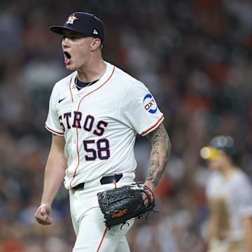 Sep 11, 2024; Houston, Texas, USA; Houston Astros starting pitcher Hunter Brown (58) reacts after getting an out during the fifth inning against the Oakland Athletics at Minute Maid Park. 