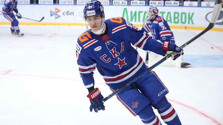 Ivan Demidov (91) SKA Hockey Club seen in action during the...