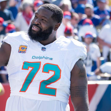 Oct 1, 2023; Orchard Park, New York, USA; Miami Dolphins offensive tackle Terron Armstead (72) reacts to the crowd before a game against the Buffalo Bills at Highmark Stadium. Mandatory Credit: Mark Konezny-USA TODAY Sports