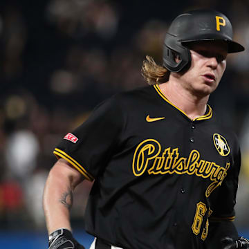 Aug 4, 2025; Pittsburgh, Pennsylvania, USA;  Pittsburgh Pirates right fielder Jack Suwinski (65) circles the bases on a two-run home run against the San Francisco Giants during the seventh inning at PNC Park. Mandatory Credit: Charles LeClaire-Imagn Images
