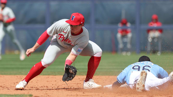 Feb 25, 2025; Port Charlotte, Florida, USA;  Tampa Bay Rays outfielder Chandler Simpson (96) slides safely into second base against Philadelphia Phillies infielder Aidan Miller (81) at Charlotte Sports Park. Mandatory Credit: Kim Klement Neitzel-Imagn Images