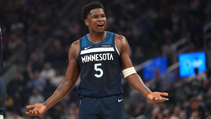Mar 13, 2026; San Francisco, California, USA; Minnesota Timberwolves guard Anthony Edwards (5) reacts after being fouled against the Golden State Warriors in the first quarter at the Chase Center. Mandatory Credit: Cary Edmondson-Imagn Images