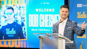 Dec 9, 2025; Los Angeles, CA, USA; Bob Chesney is introduced as UCLA Bruins football coach at press conference at Renee Luskin Conference Center Centennial Ballroom. Mandatory Credit: Kirby Lee-Imagn Images