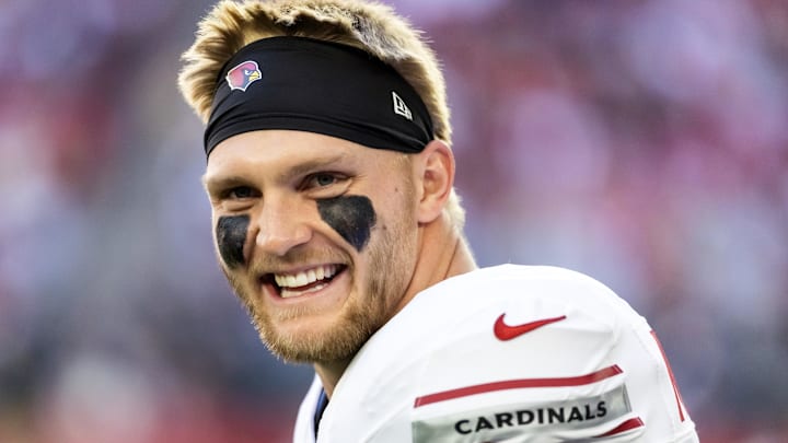 Dec 21, 2025; Glendale, Arizona, USA;  Arizona Cardinals tight end Trey McBride (85) against the Atlanta Falcons at State Farm Stadium. Mandatory Credit: Mark J. Rebilas-Imagn Images