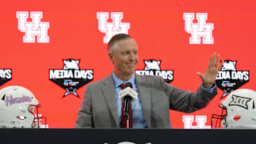 Houston head coach Willie Fritz speaks with the media during 2025 Big 12 Football Media Days at The Star. 