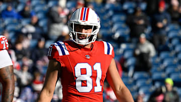 Dec 1, 2024; Foxborough, Massachusetts, USA; New England Patriots tight end Austin Hooper (81) warms up before a game against the Indianapolis Colts at Gillette Stadium. Mandatory Credit: Eric Canha-Imagn Images
