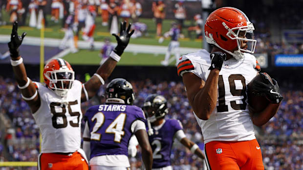 Cedric Tillman celebrates a touchdown for the Cleveland Browns against the Baltimore Ravens.