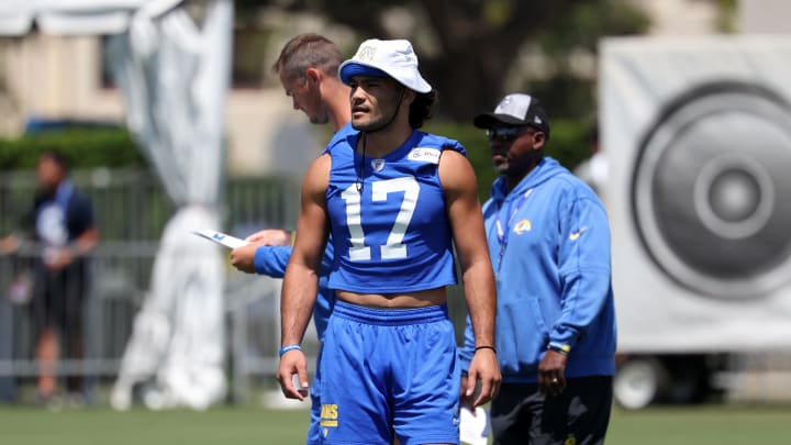 Jul 31, 2024; Los Angeles, CA, USA;  Los Angeles Rams wide receiver Puka Nacua (17) looks on during training camp at Loyola Marymount University. Mandatory Credit: Kiyoshi Mio-USA TODAY Sports