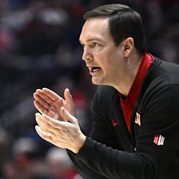 Jan 6, 2024; San Diego, California, USA; UNLV Rebels head coach Kevin Kruger reacts during the first half against the San Diego State Aztecs at Viejas Arena. Mandatory Credit: Orlando Ramirez-Imagn Images