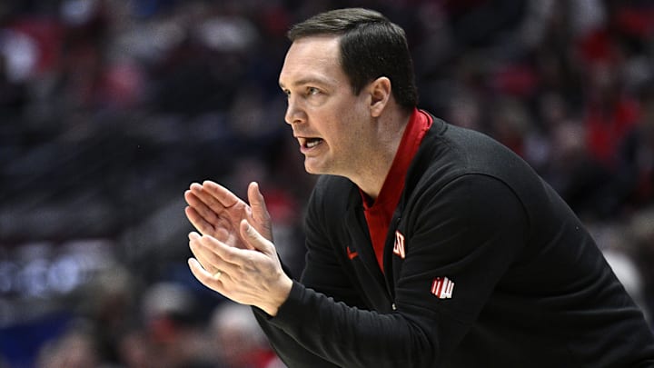Jan 6, 2024; San Diego, California, USA; UNLV Rebels head coach Kevin Kruger reacts during the first half against the San Diego State Aztecs at Viejas Arena. Mandatory Credit: Orlando Ramirez-Imagn Images
