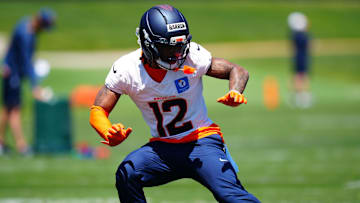 May 10, 2025; Englewood, CO, USA; Denver Broncos cornerback Jahdae Barron (12) during rookie minicamp at Broncos Park Powered by CommonSpirit. Mandatory Credit: Ron Chenoy-Imagn Images