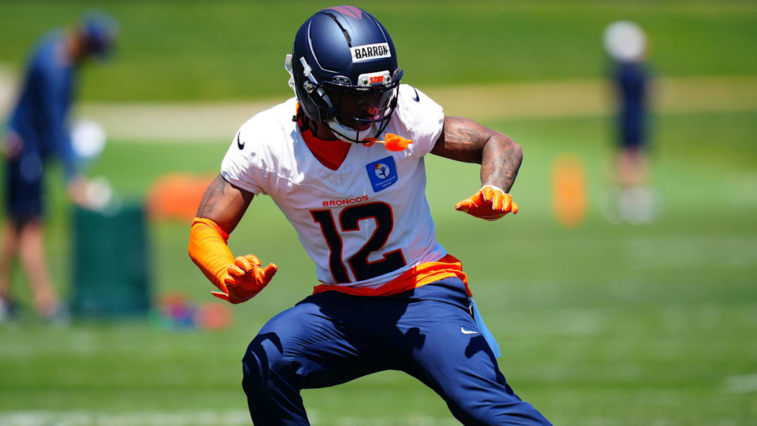 May 10, 2025; Englewood, CO, USA; Denver Broncos cornerback Jahdae Barron (12) during rookie minicamp at Broncos Park Powered by CommonSpirit. 