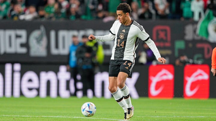 Oct 17, 2023; Philadelphia, PA, USA;  Germany midfielder Jamal Musiala (14) controls the ball against Mexico in the second half at Lincoln Financial Field. 