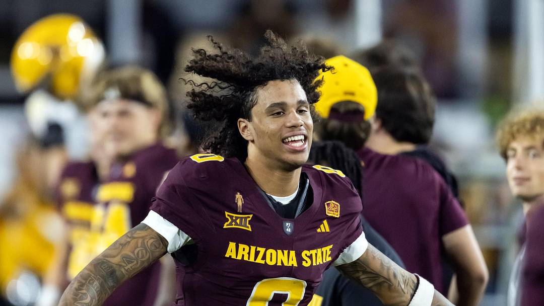 Nov 28, 2025; Tempe, Arizona, USA; Arizona State Sun Devils wide receiver Jordyn Tyson (0) against the Arizona Wildcats during the 99th Territorial Cup at Mountain America Stadium. Mandatory Credit: Mark J. Rebilas-Imagn Images