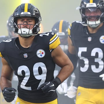 Aug 16, 2025; Pittsburgh, Pennsylvania, USA;  Pittsburgh Steelers safety Sebastian Castro (29) and linebacker Eku Leota (53) take the field against the Tampa Bay Buccaneers at Acrisure Stadium. Mandatory Credit: Charles LeClaire-Imagn Images