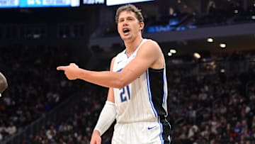 Apr 10, 2024; Milwaukee, Wisconsin, USA; Orlando Magic center Moe Wagner (21) reacts in the second quarter against the Milwaukee Bucks at Fiserv Forum. Mandatory Credit: Benny Sieu-Imagn Images