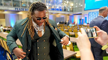 July 16, 2025; Atlanta, GA, USA; Alabama defensive lineman Tim Keenan III does an interview about his clothing during SEC Media Days at the College Football Hall of Fame in Atlanta.