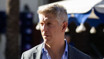 Nov 7, 2023; Scottsdale, AZ, USA; Baltimore Orioles general manager Mike Elias speaks to the media during the MLB General Manager's Meetings at Omni Scottsdale Resort & Spa. Mandatory Credit: Mark J. Rebilas-Imagn Images