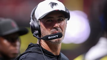 Aug 15, 2025; Atlanta, Georgia, USA; Atlanta Falcons offensive coordinator Zac Robinson against the Tennessee Titans in the first quarter at Mercedes-Benz Stadium. Mandatory Credit: Brett Davis-Imagn Images
