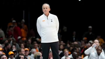 Tennessee Volunteers head coach Rick Barnes watches during the second half of a game against the Houston Cougars on Sunday, March 30, 2025, during the Elite Eight round of the NCAA March Madness tournament at Lucas Oil Stadium in Indianapolis. Houston defeated Tennessee 69-50.