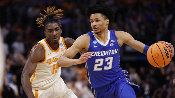 Mar 29, 2024; Detroit, MN, USA; Creighton Bluejays guard Trey Alexander (23) plasy the ball in the second half against the Tennessee Volunteers during the NCAA Tournament Midwest Regional at Little Caesars Arena. Mandatory Credit: Rick Osentoski-USA TODAY Sports