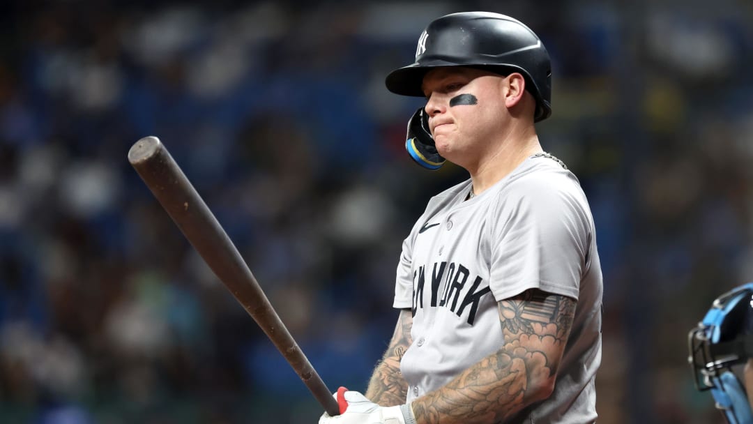 Jul 9, 2024; St. Petersburg, Florida, USA;New York Yankees outfielder Alex Verdugo (24) reacts while at bat against the Tampa Bay Rays during the seventh inning at Tropicana Field. Mandatory Credit: Kim Klement Neitzel-USA TODAY Sports