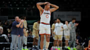 Dec 21, 2024; Coral Gables, Florida, USA; Miami Hurricanes guard Matthew Cleveland (0) reacts from the court against the Mount St. Mary's Mountaineers during the second half at Watsco Center. Mandatory Credit: Sam Navarro-Imagn Images