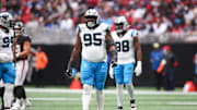 Nov 16, 2025; Atlanta, Georgia, USA; Carolina Panthers defensive tackle Derrick Brown (95) looks on in the second quarter against the Atlanta Falcons at Mercedes-Benz Stadium. Mandatory Credit: Brett Davis-Imagn Images