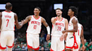 Nov 1, 2025; Boston, Massachusetts, USA; Houston Rockets forward Jabari Smith (10) and center Alperen Sengun (28)  celebrate during the second half against the Boston Celtics at TD Garden. Mandatory Credit: Paul Rutherford-Imagn Images