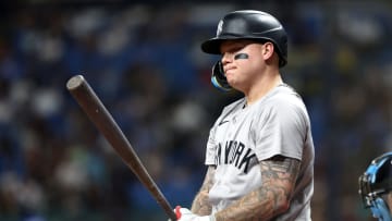 Jul 9, 2024; St. Petersburg, Florida, USA;New York Yankees outfielder Alex Verdugo (24) reacts while at bat against the Tampa Bay Rays during the seventh inning at Tropicana Field. Mandatory Credit: Kim Klement Neitzel-USA TODAY Sports