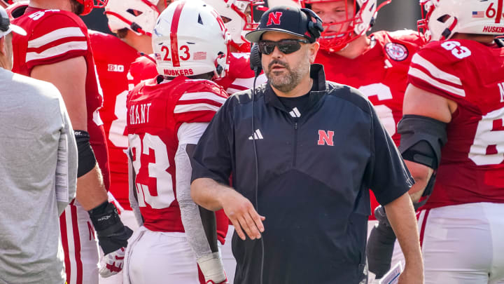 Sep 30, 2023; Lincoln, Nebraska, USA; Nebraska Cornhuskers head coach Matt Rhule walks out of a huddle during their game against the Michigan Wolverines during the first quarter at Memorial Stadium. 