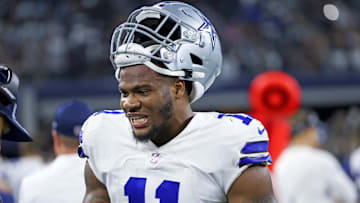 Dallas Cowboys linebacker Micah Parsons (11) reacts during the game against the Philadelphia Eagles at AT&T Stadium.