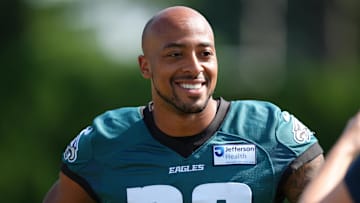 Jul 24, 2025; Philadelphia, PA, USA; Philadelphia Eagles running back AJ Dillon (29) poses during training camp at NovaCare Complex. Mandatory Credit: Kyle Ross-Imagn Images