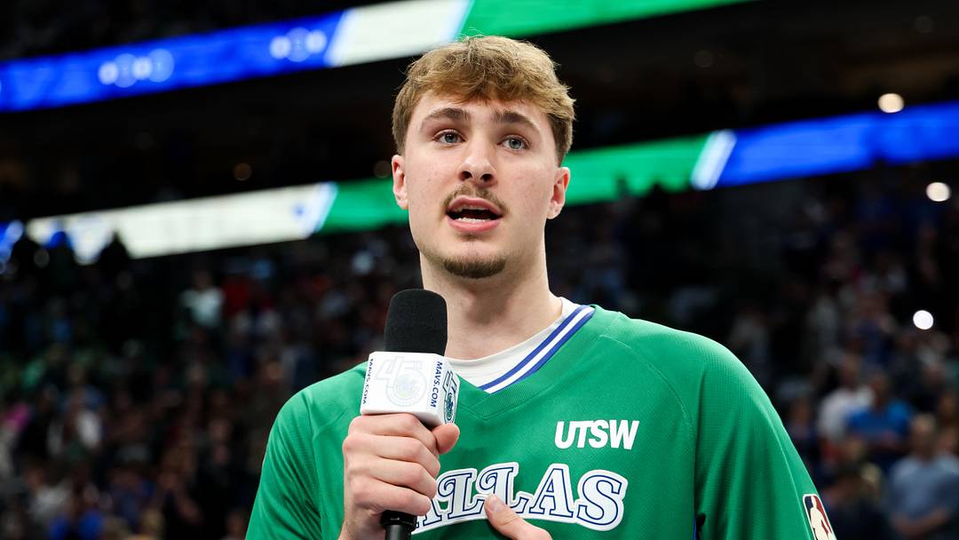 Apr 12, 2026; Dallas, Texas, USA; Dallas Mavericks forward Cooper Flagg (32) speaks to the crowd before the game against the Chicago Bulls at American Airlines Center. Mandatory Credit: Kevin Jairaj-Imagn Images Apr 12, 2026; Dallas, Texas, USA; Dallas Mavericks forward Cooper Flagg (32) speaks to the crowd before the game against the Chicago Bulls at American Airlines Center. Mandatory Credit: Kevin Jairaj-Imagn Images