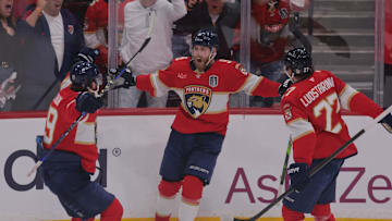 Jun 9, 2025; Sunrise, Florida, USA; Florida Panthers forward Sam Bennett (9) celebrates scoring against the Edmonton Oilers with forward Matthew Tkachuk (19) and forward Eetu Luostarinen (27) in game three of the 2025 Stanley Cup Final at Amerant Bank Arena. Mandatory Credit: Sam Navarro-Imagn Images