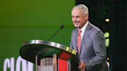 Jul 13, 2025; Atlanta, GA, USA; MLB Commissioner Rob Manfred announces the pick for the Athletics pick during the MLB Draft at The Coca-Cola Roxy. Mandatory Credit: Brett Davis-Imagn Images