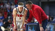 Mar 1, 2025; Oxford, Mississippi, USA; Mississippi Rebels head coach Chris Beard talks with guard Sean Pedulla (3) during the second half against the Oklahoma Sooners at The Sandy and John Black Pavilion at Ole Miss. Mandatory Credit: Petre Thomas-Imagn Images